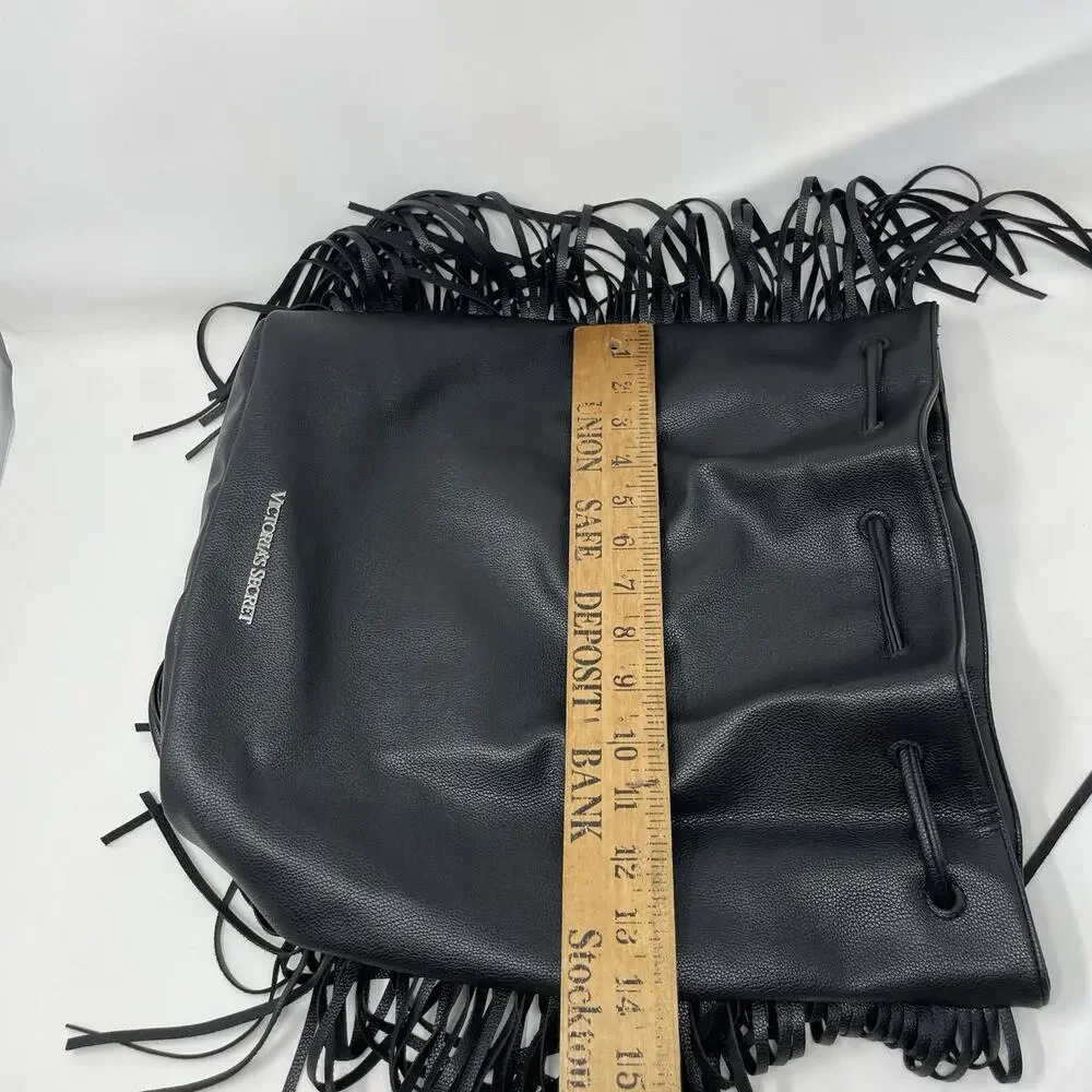 Victorias Secret VS Black Faux Leather Fringe Backpack Bag Boho Drawstring